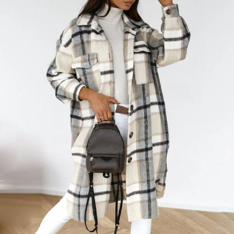 Black and White Plaid Button Pocket Front Jacket Outerwear