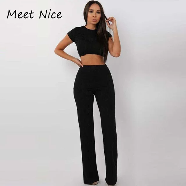 Women Ribbed O Neck Crop Top and Long Pants