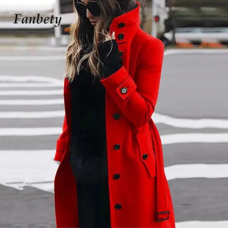 Ladies Solid Color Long Wool Coat