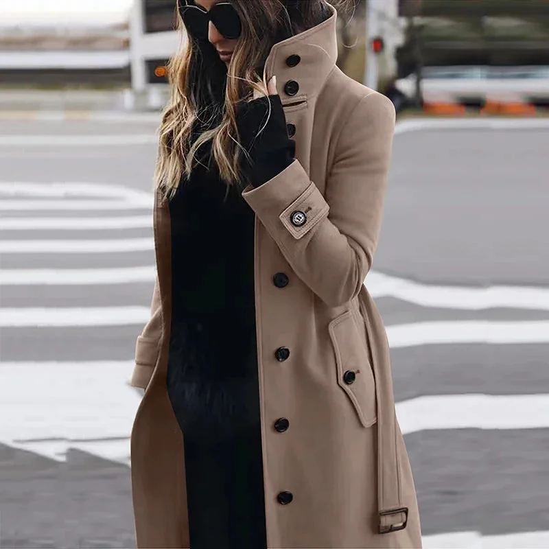 Ladies Solid Color Long Wool Coat