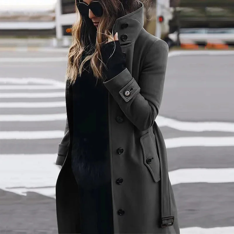 Ladies Solid Color Long Wool Coat