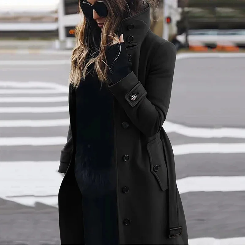 Ladies Solid Color Long Wool Coat