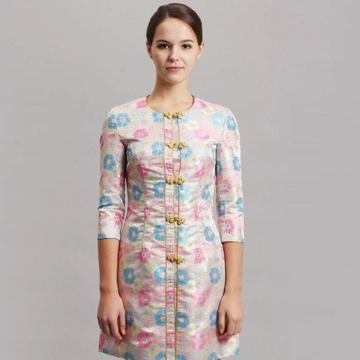 3/4 Sleeve Round Neck Floral Chinese Style Wind Coat