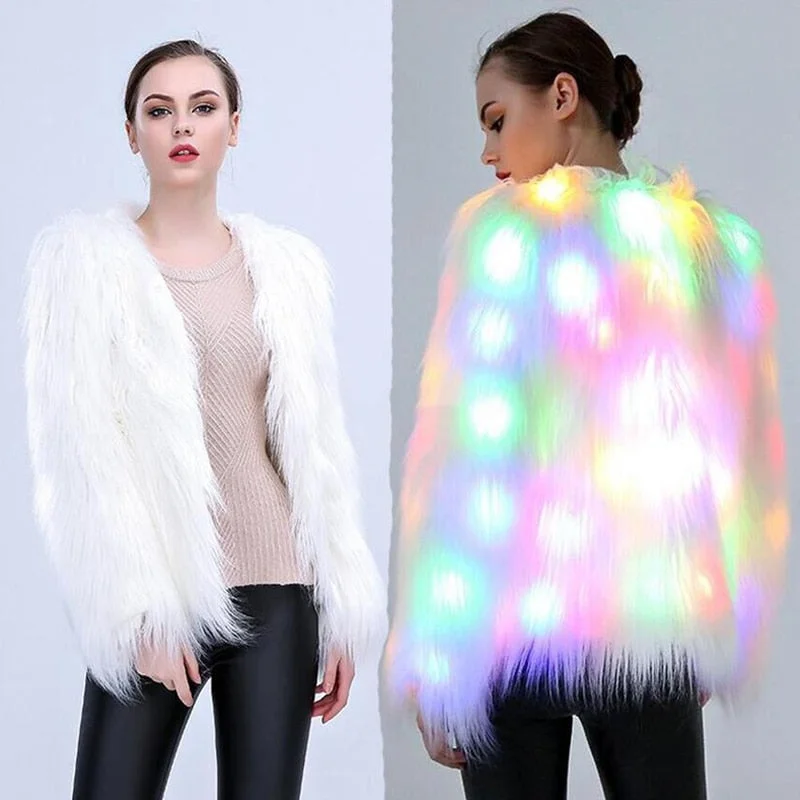 6XL Women Faux Fur LED Light Coat Christmas Costumes Cosplay Fluffy Fur Jacket Outwear Winter Warm Festival Party Club Overcoat