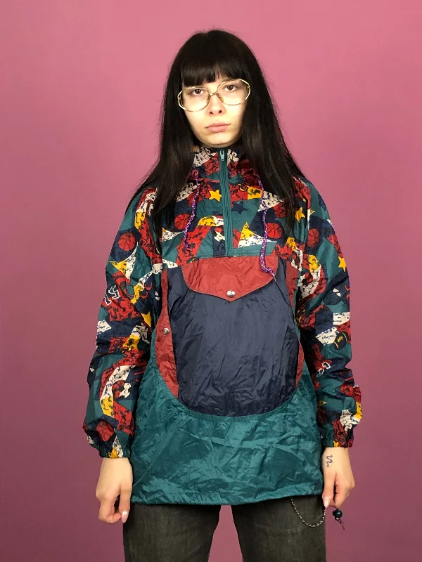 90s Vintage Women's Abstract Rain Jacket - M Green Nylon