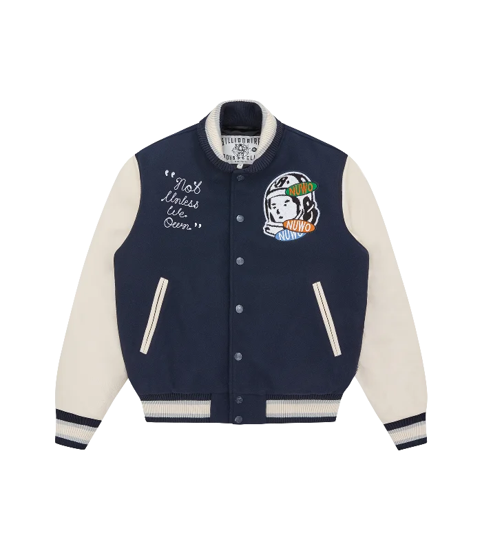 BBC X NUWO LEATHER SLEEVE VARSITY JACKET	- NAVY