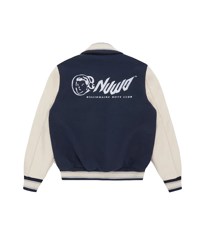 BBC X NUWO LEATHER SLEEVE VARSITY JACKET	- NAVY