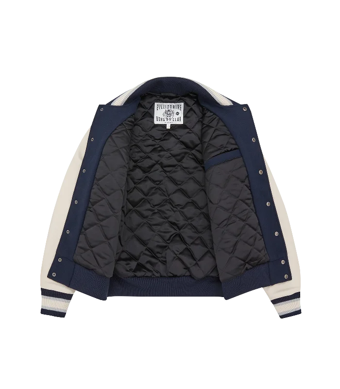 BBC X NUWO LEATHER SLEEVE VARSITY JACKET	- NAVY