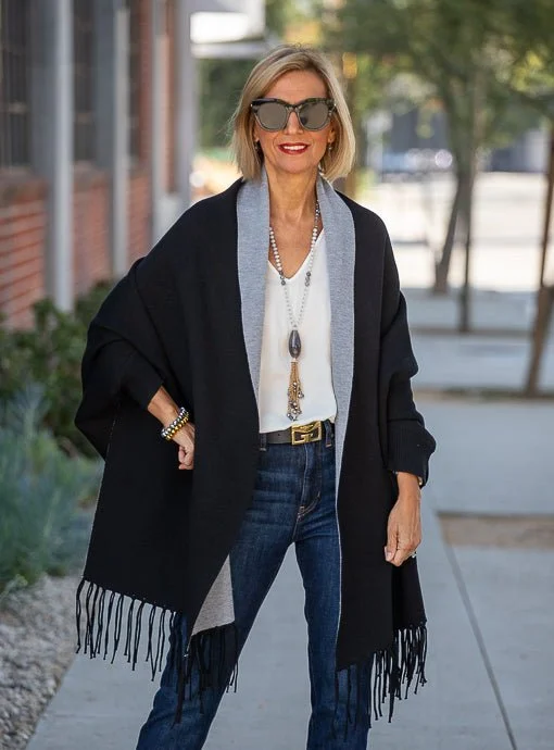 Black And Gray Shrug Cardigan With Fringe