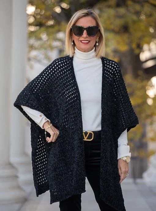 Black Chenille Open Weave Poncho Cardigan