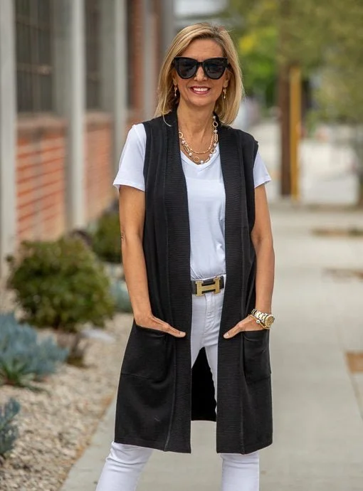 Black Lightweight Open Front Cardigan Vest