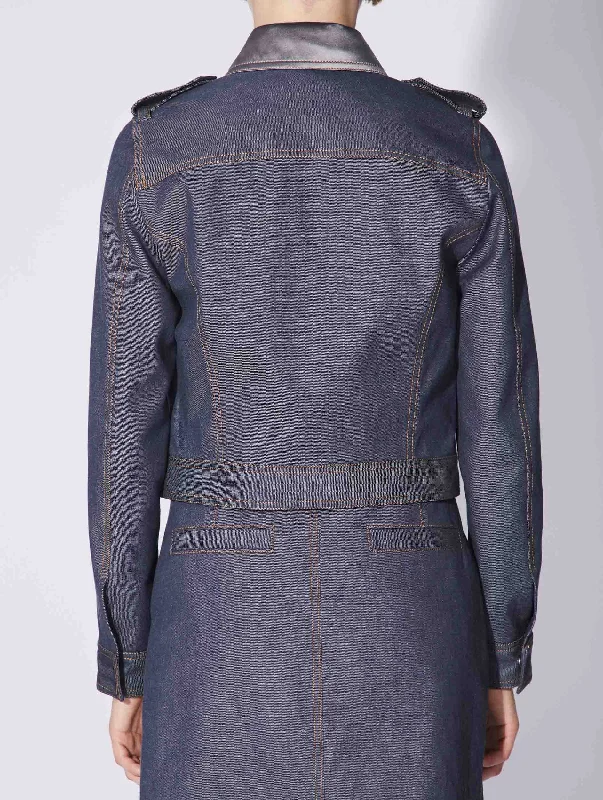 Blouson zippé court en denim lavé bleu