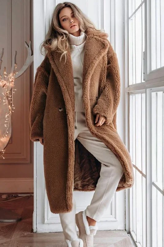 Brown Notched Lapel Long Teddy Wool coat