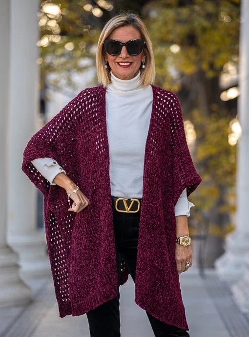 Burgundy Chenille Open Weave Poncho Cardigan