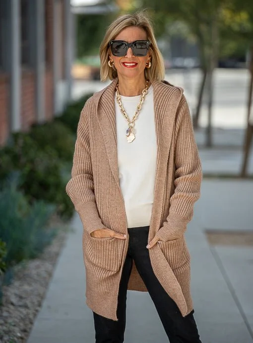 Camel Long Hooded Cardigan With Pockets