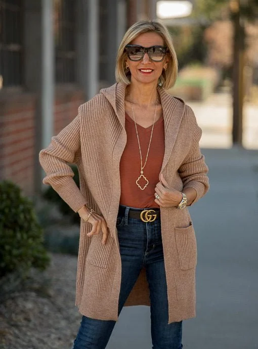 Camel Long Hooded Cardigan With Pockets