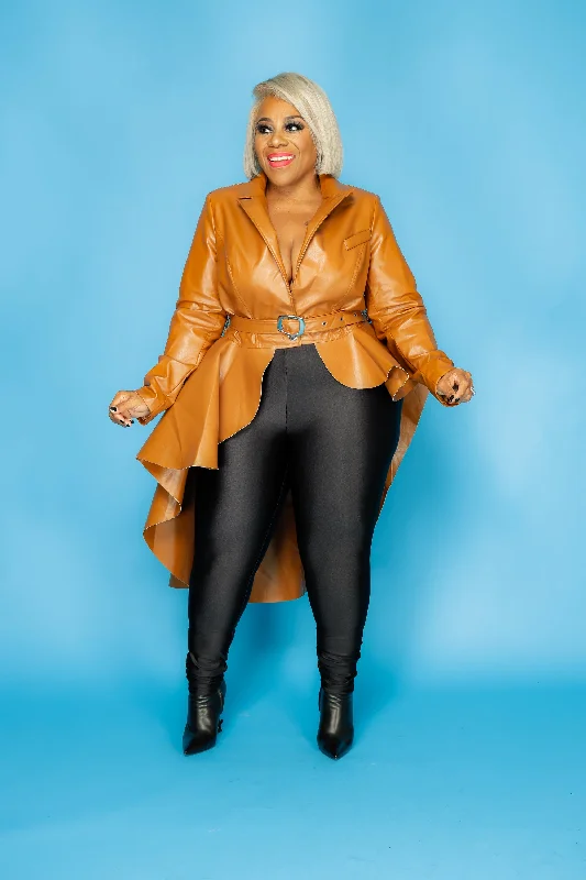 Cognac Leather Peplum Jacket