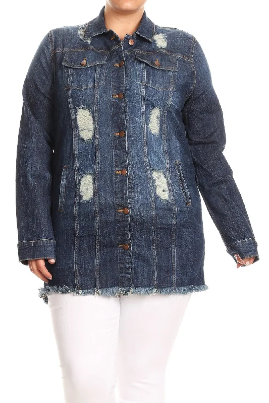 Dark Blue Shredded Back Denim Jacket