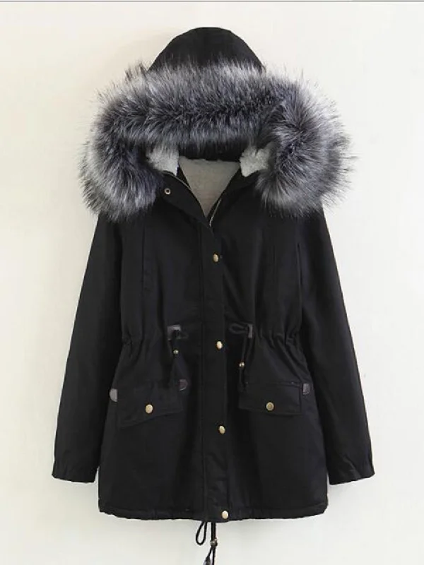 Faux Fur Collar Pockets Drawstring Women Parka Jacket Oversized Coat