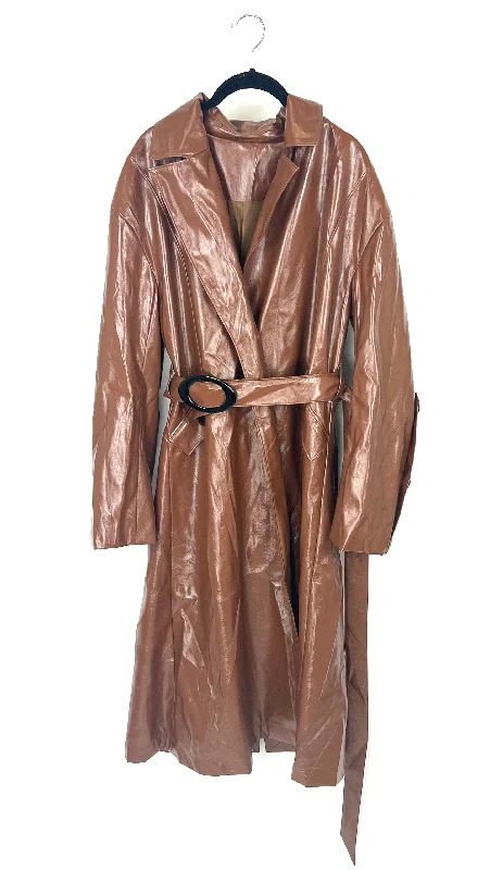 Brown Faux Patent Leather Trench Coat - Medium