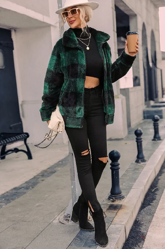 Green Plaid Zipper Fuzzy Jacket Winter Coat