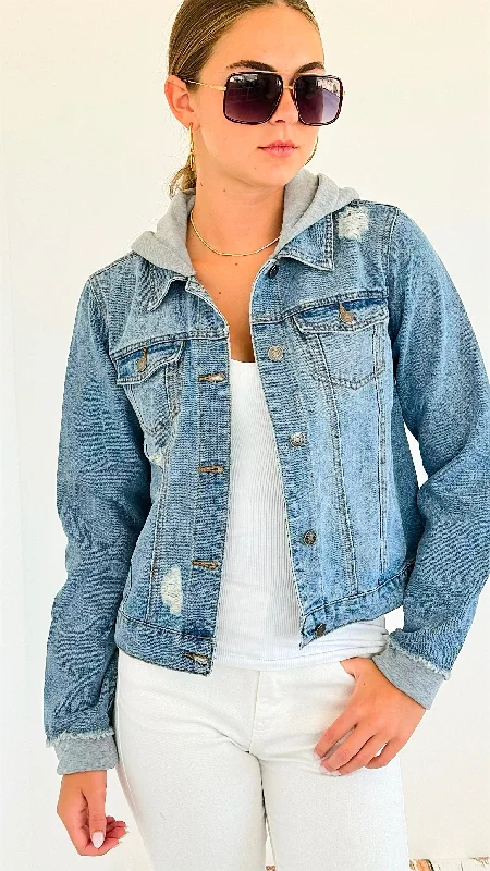 Distressed Hooded Denim Jacket-Grey