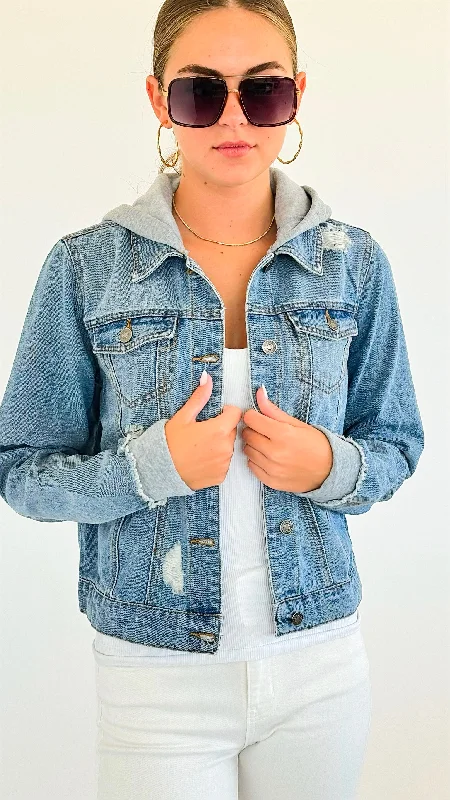 Distressed Hooded Denim Jacket-Grey