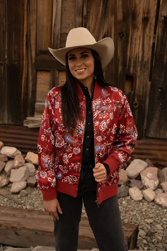 ""Hooey Ladies Bomber Jacket"" Red w/Floral