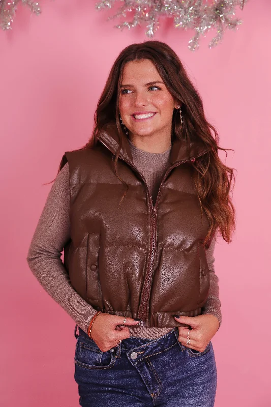 I Love This Place Faux Leather Vest-Chocolate