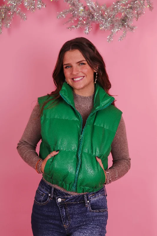 I Love This Place Faux Leather Vest-Green