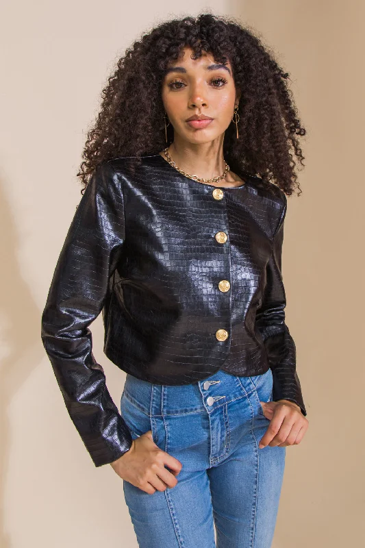 AT THE START FAUX LEATHER BOLERO JACKET