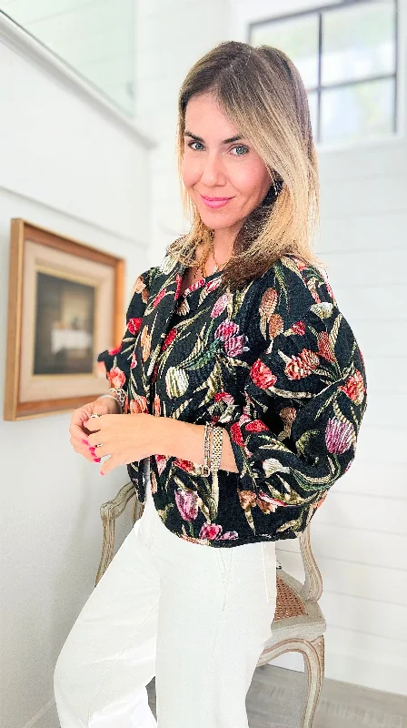 Jacquard Tulips Cropped Puff Jacket