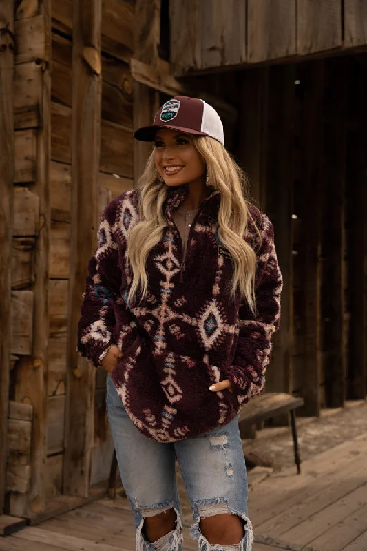 ""Ladies Fleece Pullover"" Maroon w/Aztec