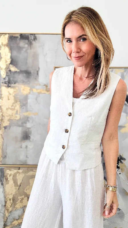 Linen Button Down Vest Top - White