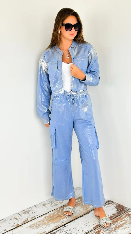 Metallic Cropped Jacket - Blue