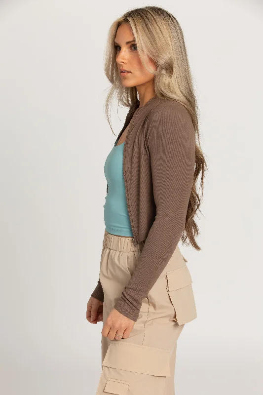 Mocha Ribbed Zip-Up Long Sleeve Top