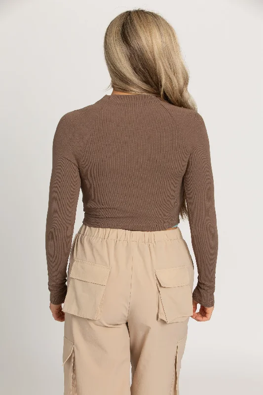 Mocha Ribbed Zip-Up Long Sleeve Top