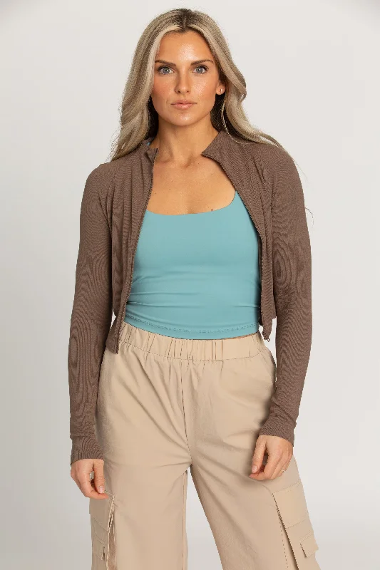 Mocha Ribbed Zip-Up Long Sleeve Top