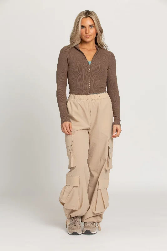 Mocha Ribbed Zip-Up Long Sleeve Top