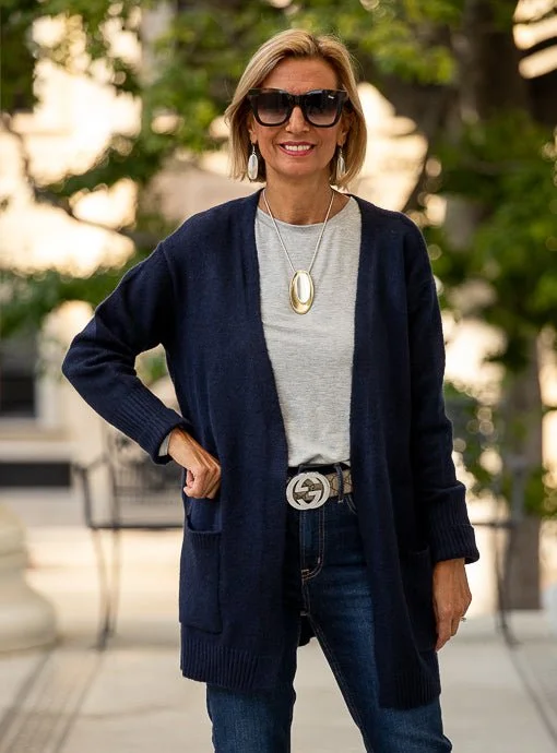 Navy Long Boxy Cardigan With Pockets