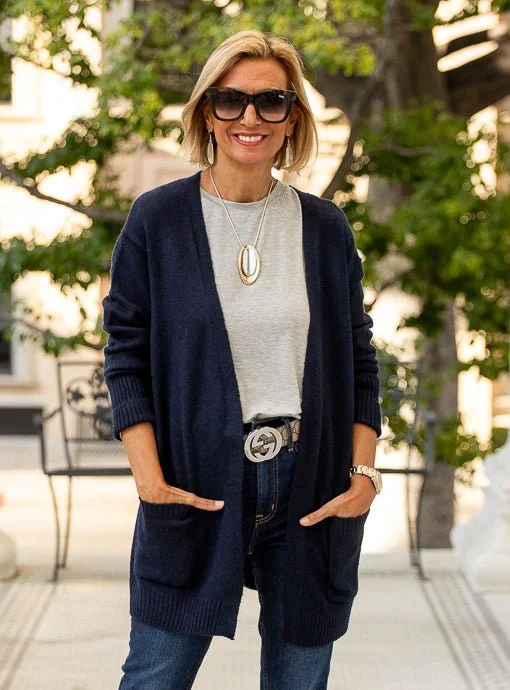 Navy Long Boxy Cardigan With Pockets