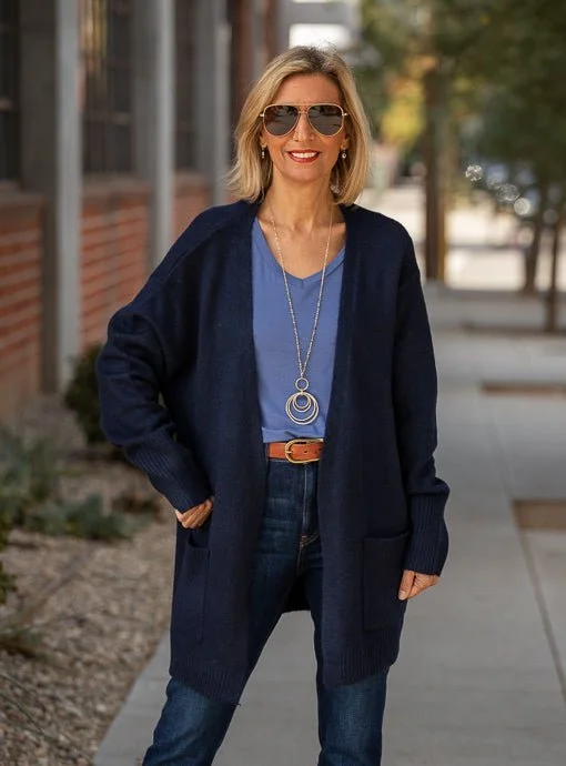 Navy Long Boxy Cardigan With Pockets