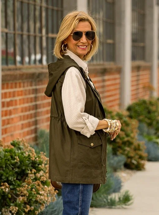 Olive Hooded Cargo Vest With Pockets