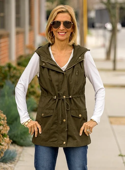 Olive Hooded Cargo Vest With Pockets