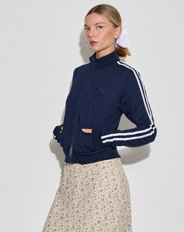 Orion Zip Up Jumper in Navy with White Stripes and M Embroidery