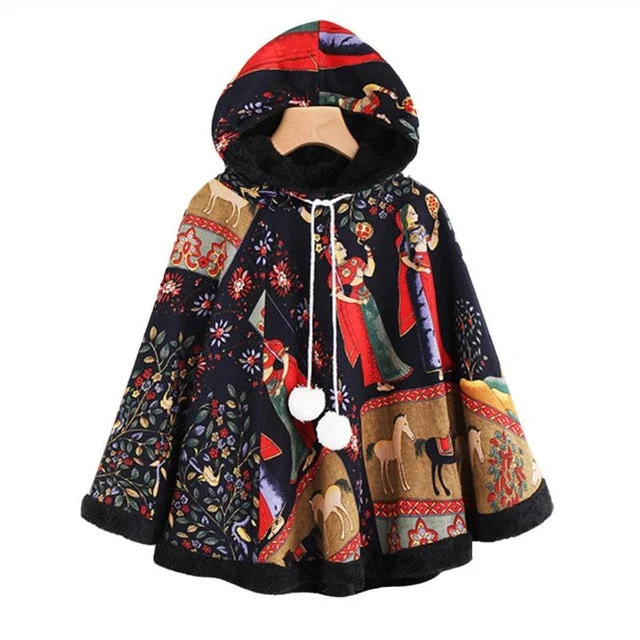 RAISEVERN 2020 Winter Coat Women Warm Vintage Print Ethnic Jacket Femmes Hooded Outerwear Drawstring Pom Poncho Coat