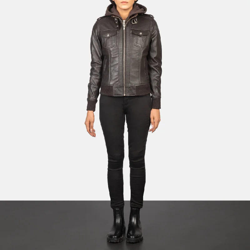 Roslyn Brown Hooded Leather Bomber Jacket