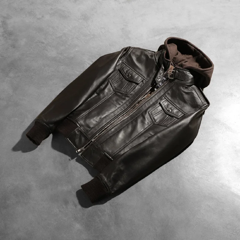 Roslyn Brown Hooded Leather Bomber Jacket