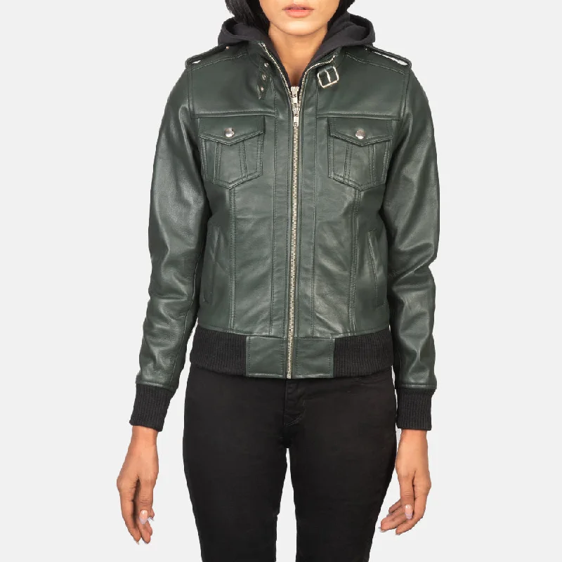 Roslyn Green Hooded Leather Bomber Jacket