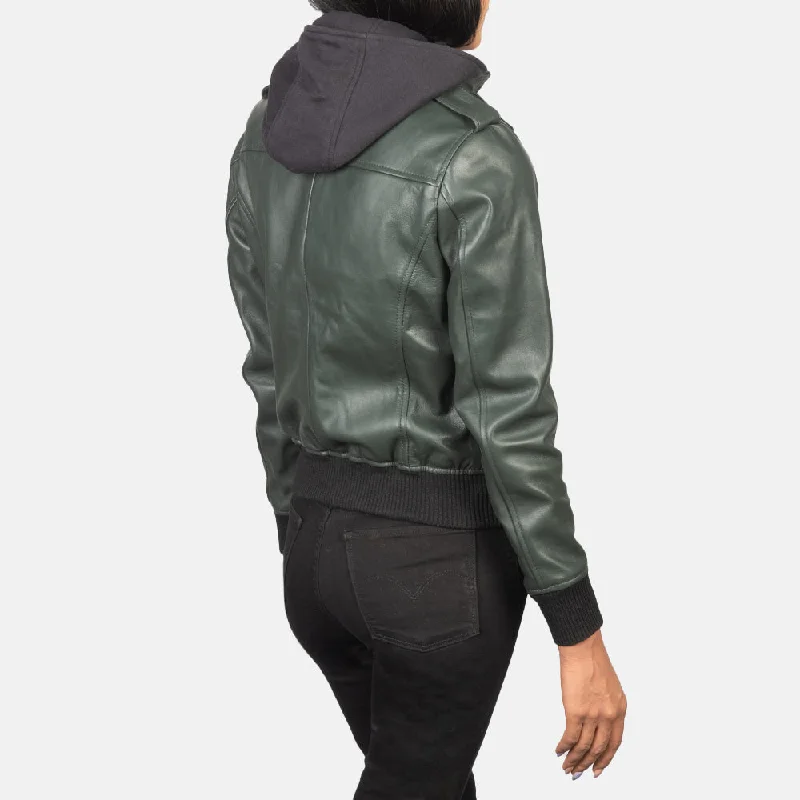 Roslyn Green Hooded Leather Bomber Jacket